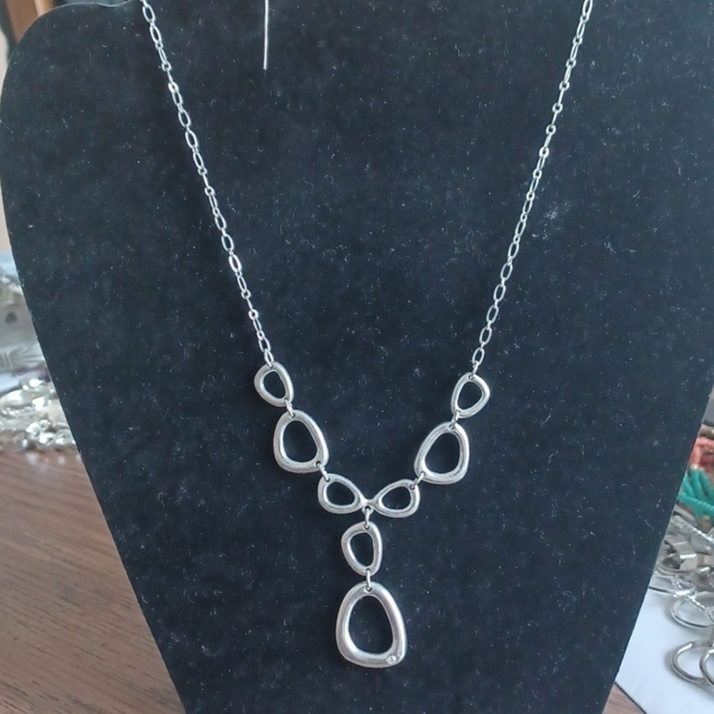 Silver tone SAQ necklace, 16" rhinestone accent